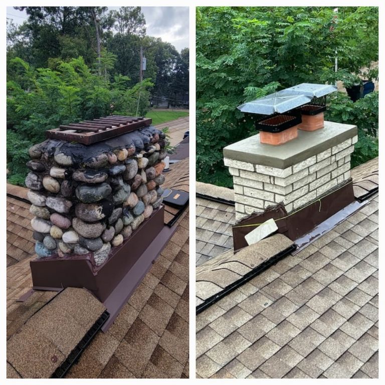 Before and after fieldstone chimney rebuilt in brick with new crown