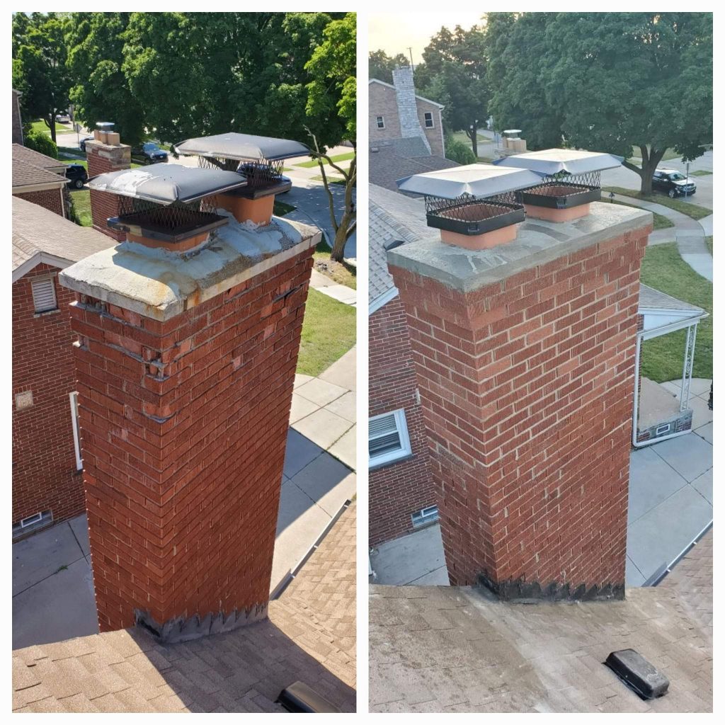 Before and after red brick chimney rebuilt above the roofline with new crown
