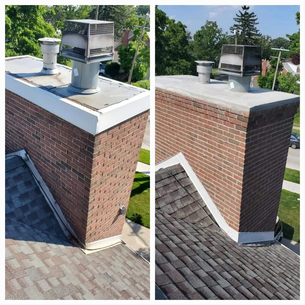 Before and after brick chimney rebuilt with new crown and flashing