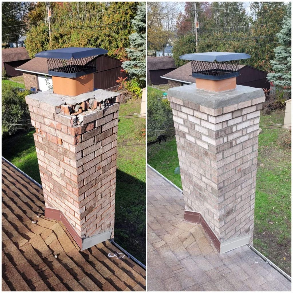 Before and after brick chimney restoration with new crown and cap