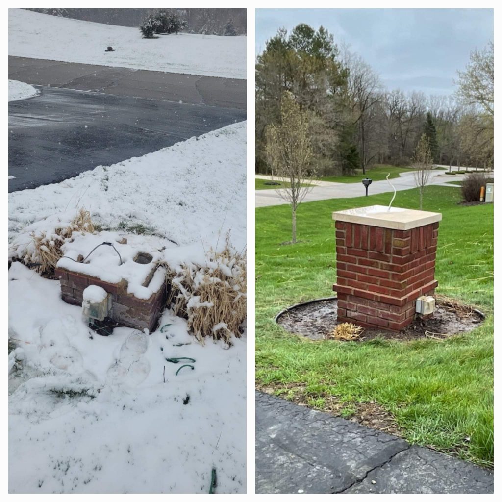 Before and after brick pillar rebuilt after winter damage