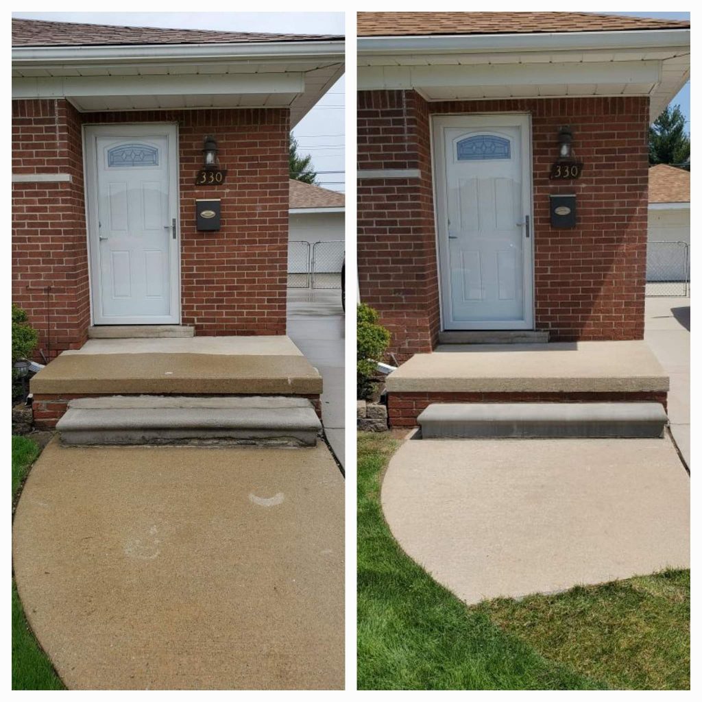 Before and after brick front stoop rebuilt with new concrete cap and steps