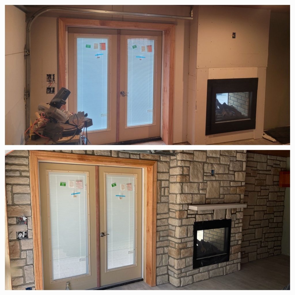 Before and after interior fireplace wall refaced in natural-look stone veneer