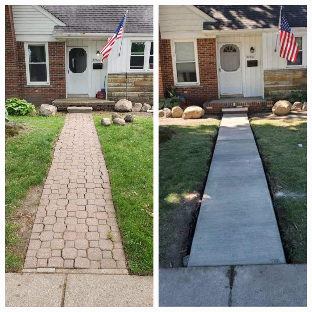 Before and after brick paver walkway replaced with new concrete sidewalk to the front porch