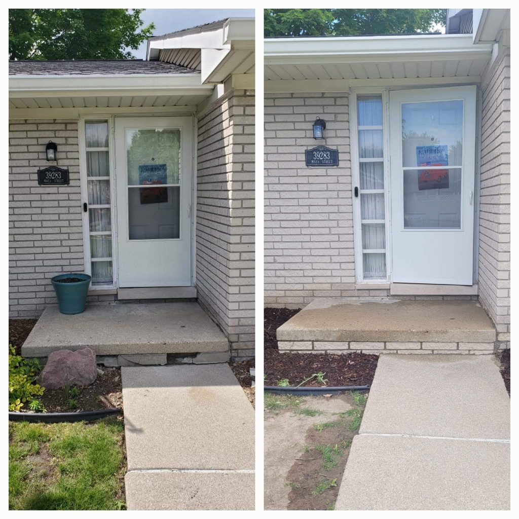 Before and after front porch and steps rebuilt on a brick ranch home