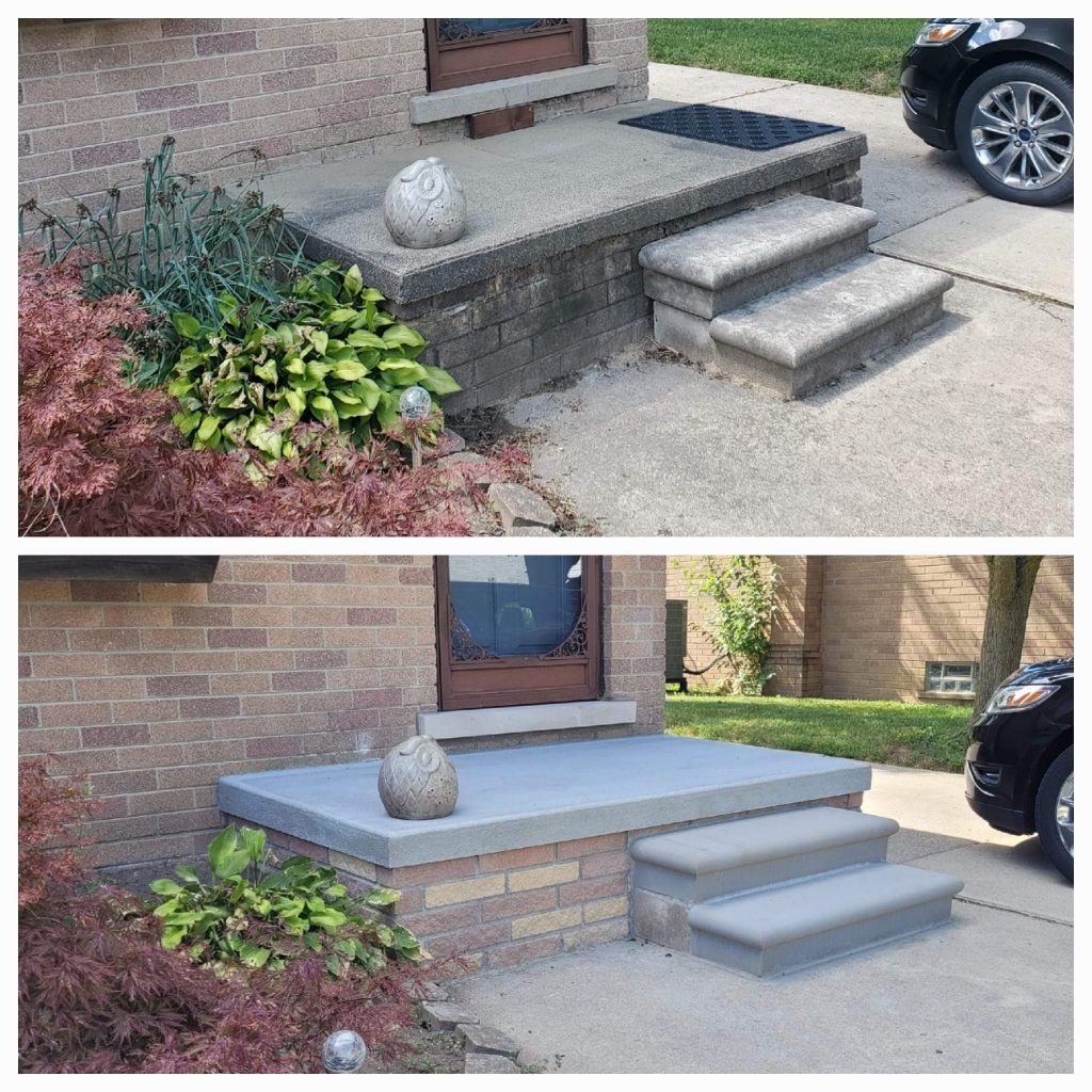 Before and after front porch and steps rebuilt with new brick and concrete caps