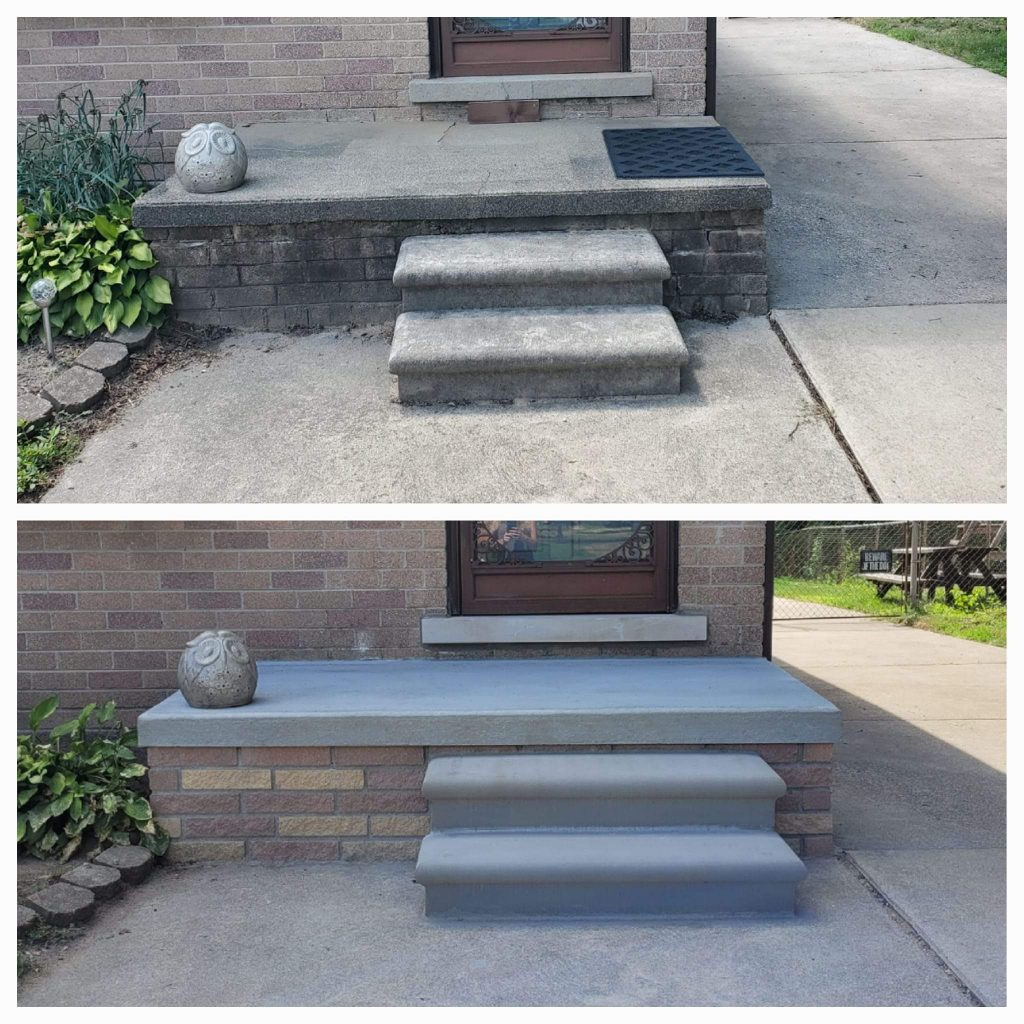 Before and after concrete porch and steps rebuilt with brick border