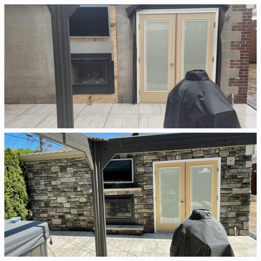 Before and after outdoor patio wall finished in stone veneer with built-in fireplace