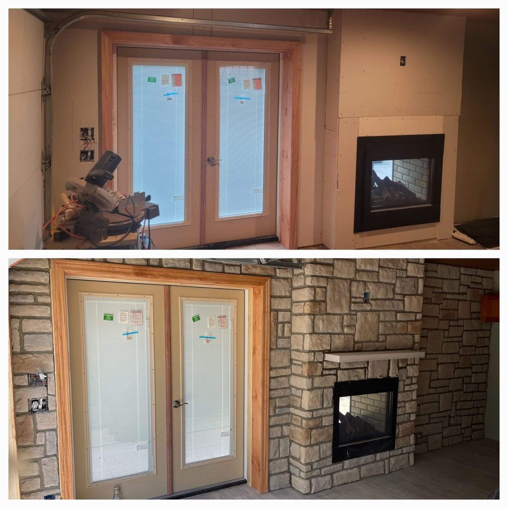 Before and after interior fireplace refaced with stacked stone veneer
