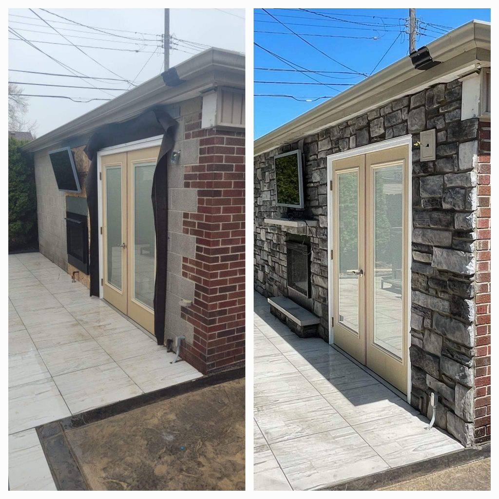 Before and after exterior wall and doorway finished in stone veneer